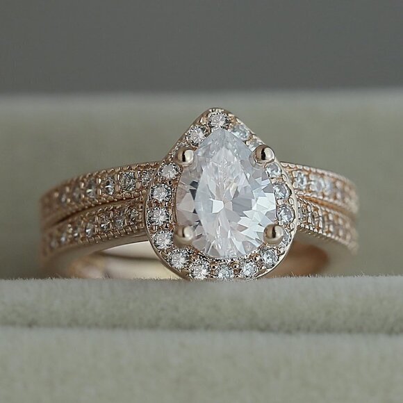 💎 Elegant Beautiful Pear Micro Pave Water Drop Rose Gold Ring Set Women, VIP393 - Picture 1 of 4